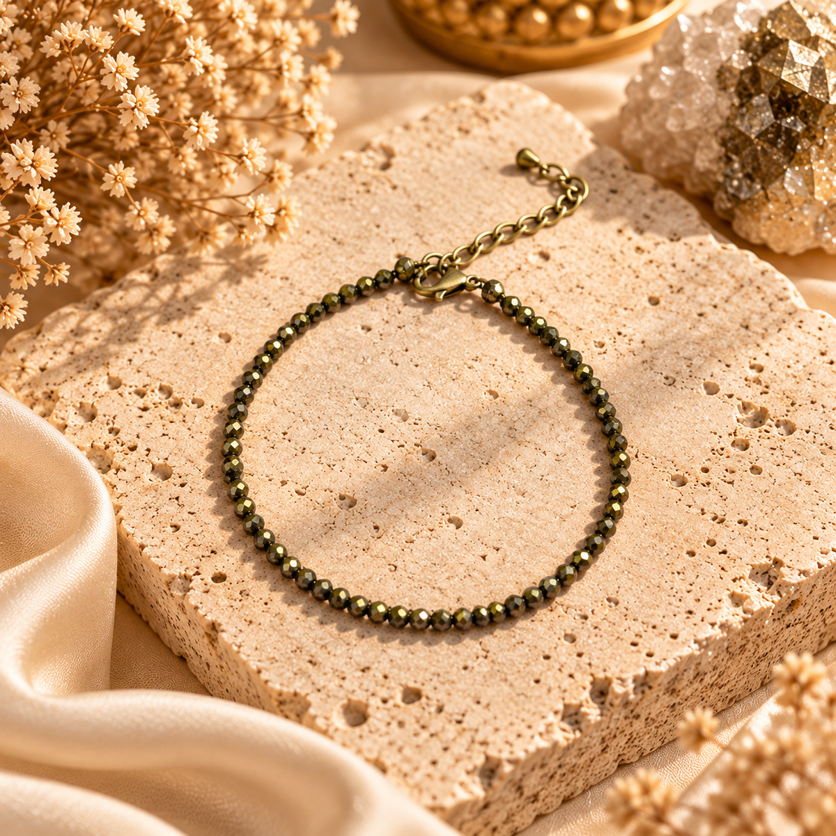 Pyrite Anklet – Natural Pyrite Crystal Anklet for Wealth, Confidence & Protection