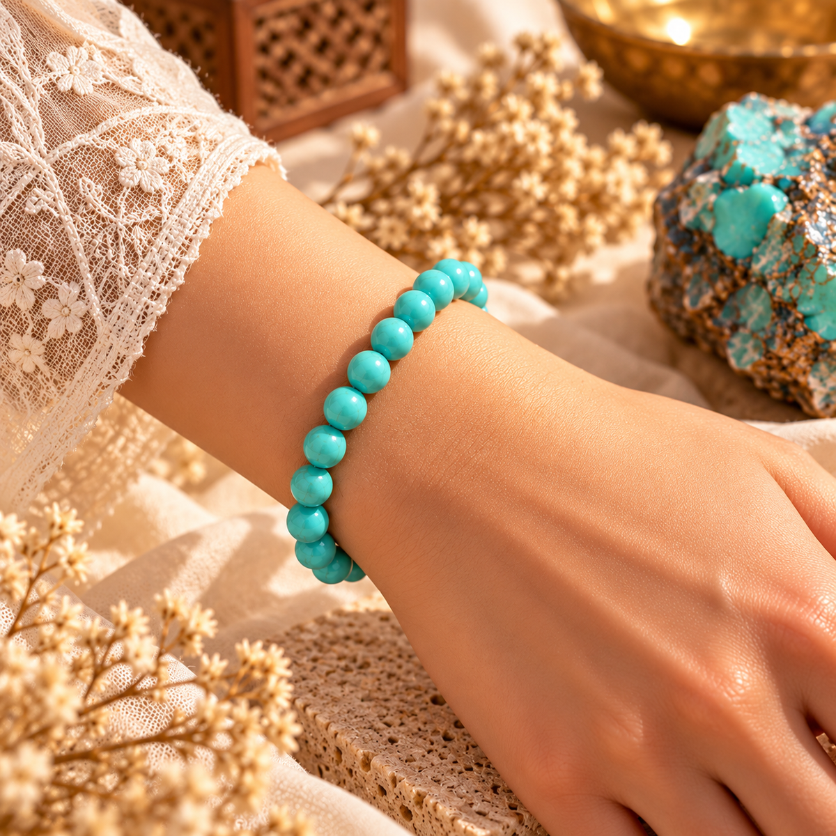 Natural Firoza (Turquoise) Crystal Bracelet – Protection, Wisdom & Good Fortune