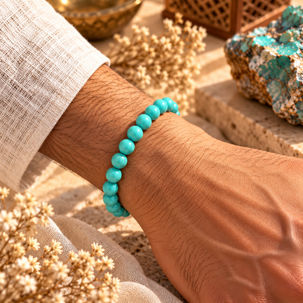 Natural Firoza (Turquoise) Crystal Bracelet – Protection, Wisdom & Good Fortune